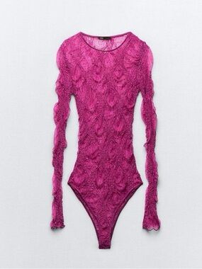 Zara Bright Magenta Lace Long-Sleeve Bodysuit